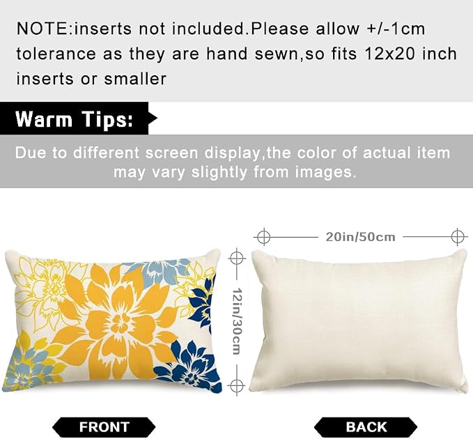 Waterproof Yellow and Blue Dahlia Floral Outdoor Pillow Covers 12x20 Inch, Decorative Spring Summer Cushion Cases for Living Room Sofa Patio Garden Porch