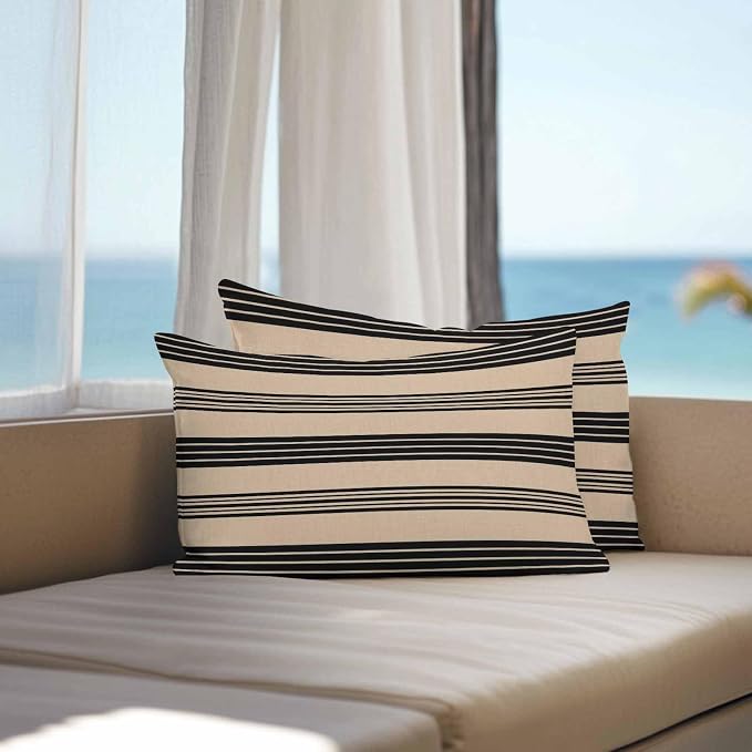 JasmineM Outdoor Pillow Cover Set of 2 Rustic Black Brown Stripes Waterproof Throw Pillow Covers Classic Parallel Lines Decorative Pillowcases Garden Cushion Case for Patio Couch Sofa 12x20 Inch