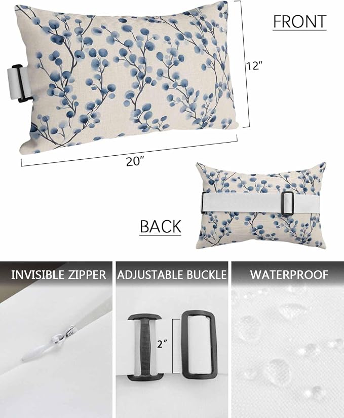 Pack of 2 Outdoor Lumbar Cushions with Inserts, Spring Flower Branch Tree Plant Linen Background Waterproof Fluffy Fade Body Pillows, Patio Furniture Pillow for Home Balcony Garden Decor 12x20IN