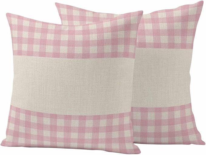 Retro Pink Outdoor Waterproof Pillow Covers, Farmhouse Buffalo Plaid Vintage Beige Decorative Square Throw Pillowcase Sofa Cushion Sham for Patio/Couch/Chair, 24"x24" 2 Pack