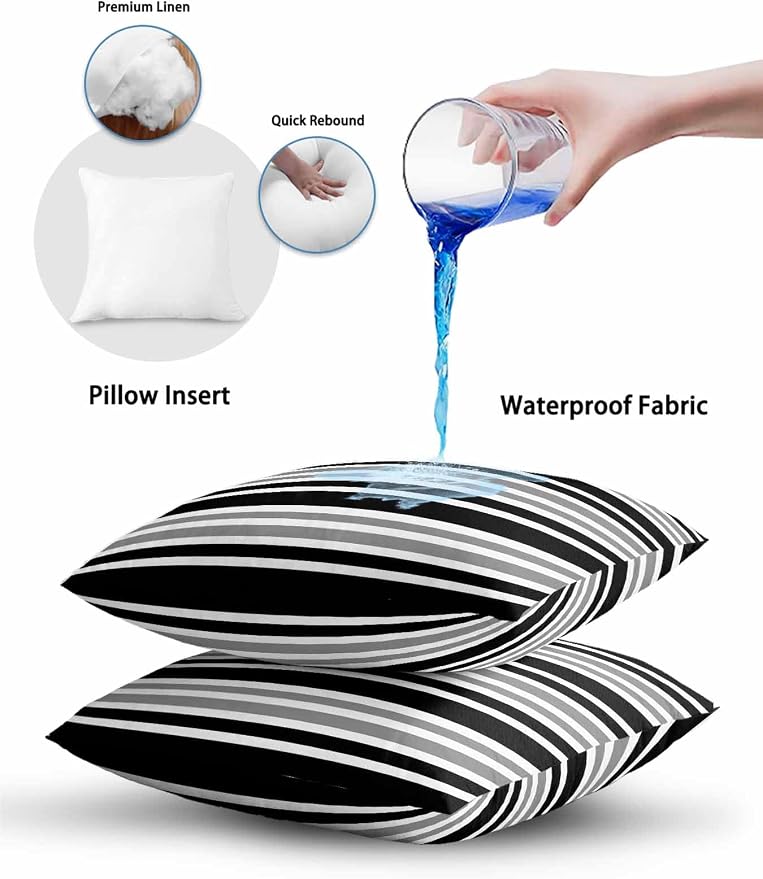 Outdoor Waterproof Throw Pillows Classic Gray Black Striped Patio Pillows,Decorative Pillow Covers with Insert,Pillow Cushion Case for Garden Couch Sofa Minimalist Lines
