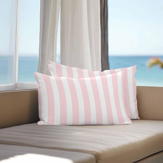 Pink Striped Outdoor Waterproof Throw Pillow Covers 20x12 Set of 2, Modern Farmhouse Pink White Stripes Decorative Pillowcases Cushion Pillowcase for Couch Sofa Patio Outside Pillow Protector