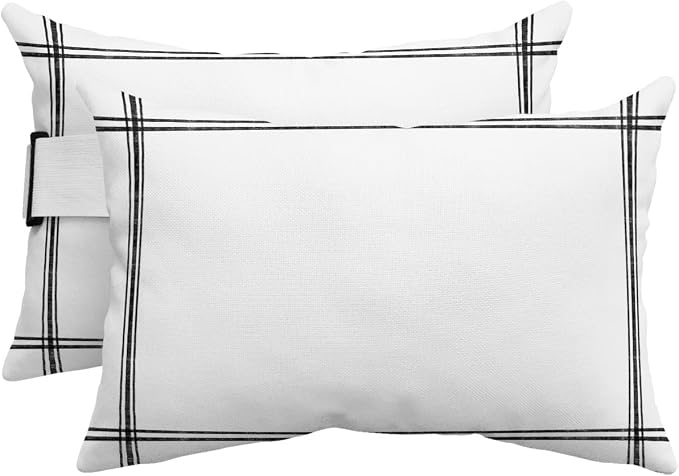 T&H XHome Outdoor Pillow for Chaise Lounge Chair, Solid Color White Waterproof Headrest Pillow Lumbar Pillows with Insert & Adjustable Elastic Strap for Beach, Poolside, Patio, Office (2 Pack)