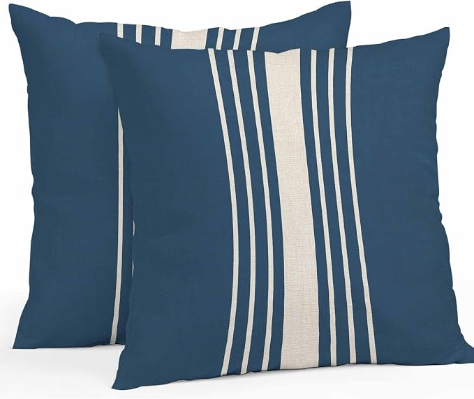Throw Pillow Covers 18x18 Inch Set of 2, Navy Blue Beige Striped Waterproof Outdoor Cushion Covers, Modern Farmhouse Retro Lines Decorative Pillowcases for Couch, Sofa, Bed, Garden, Patio