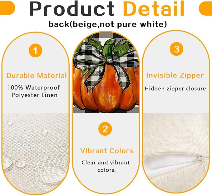 RABUSOFA Outdoor Fall Pillow Covers Waterproof 12x20 Orange Pumpkin Decor | Autumn Harvest Thanksgiving,Buffalo Plaid,Not Insert,Machine Washable,Fall Decorations for Home Sofa Patio Farmhouse