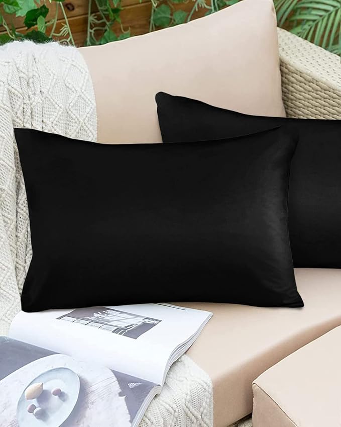 Outdoor Waterproof Pillow Covers for Patio Furniture Black Decorative Throw Pillow Cover Solid Color Pillowcases Set of 2 Cushion Case for Sofa Couch Chair Home Decor 20x12 inch x 2pcs