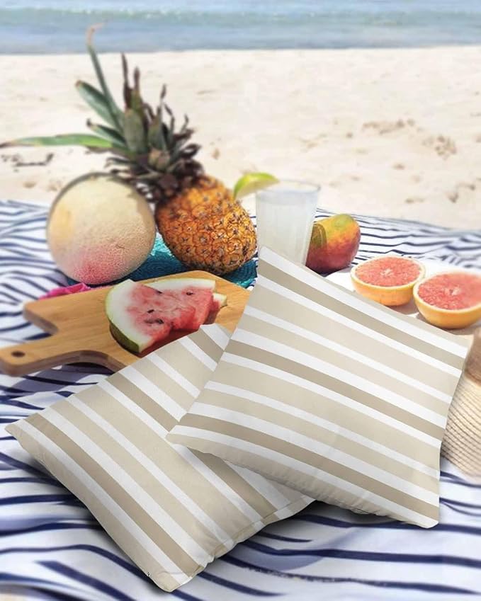 Outdoor Waterproof Throw Pillow Covers Set of 2 Khaki Beige Stripes Decorative Outdoor Pillows Cushion Case 24x24 Inch Classic Striped Patio Pillows for Couch Sofa Bed Garden Office Home Decor