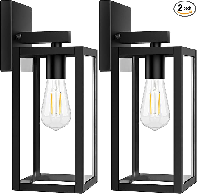 2-Pack Outdoor Light Fixtures Wall Mount, Waterproof Exterior Wall Lanterns with Clear Glass, Anti-Rust Outside Black Wall Sconces, Front Porch Lights for House Garage Doorway, Bulbs Not Included