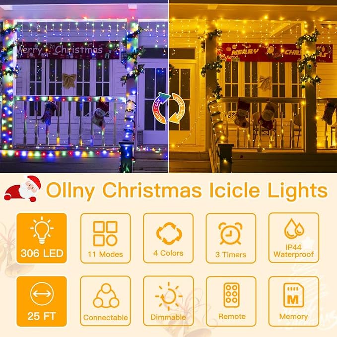 Ollny Icicle Lights for Outside 306LED 25FT, Color Changing Christmas Light with Remote 11 Modes Timers Waterproof, Plug in Connectable Hanging Lights for Outdoor Indoor House Roof Holiday