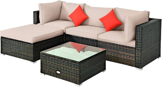 HAPPYGRILL 5 Pieces Patio Conversation Set, Outdoor Rattan Wicker Furniture Set, Sectional Sofa Ottoman Set with Coffee Table, Cushion, Pillow for Garden Lawn Balcony Backyard