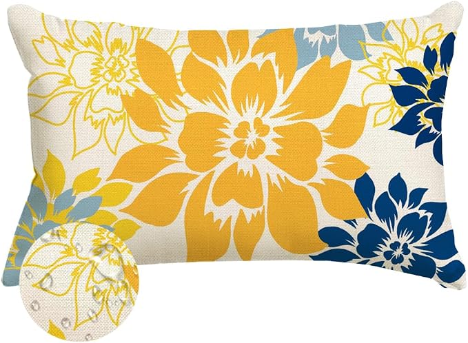 Waterproof Yellow and Blue Dahlia Floral Outdoor Pillow Covers 12x20 Inch, Decorative Spring Summer Cushion Cases for Living Room Sofa Patio Garden Porch