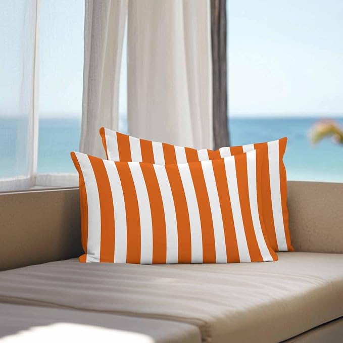 Burnt Orange Striped Outdoor Waterproof Throw Pillow Covers 20x12 Set of 2, Thanksgiving Orange White Stripes Decorative Pillowcases Cushion Pillowcase for Couch Sofa Patio Outside Pillow Protector