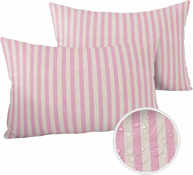 Outdoor Waterproof Throw Pillow Covers Set of 2 Pink Stripes Lumbar Pillowcases 20x12 Inches Linen Classic Vertical Striped Patio Decorative Pillows Cushion Case Patio Pillows for Couch Bed Garden