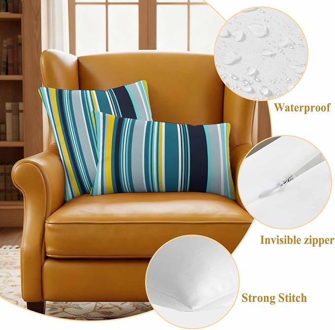 Teal Yellow Stripes Outdoor Pillow Covers Set of 2 Lines Art Waterproof Throw Pillow Cover Decorative Cushion Cases for Patio Porch Garden 20X20 Inch