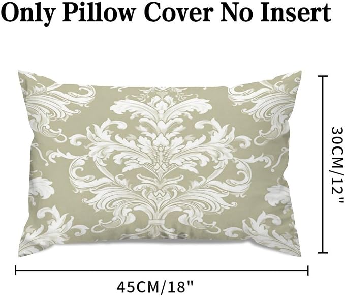 Set of 2 Tan Off Green White Damask Pattern Print Pillow Cases 12x18in Cushion Covers Farmhouse Pillows Covers for Couch Living Room Office Soft Rectangle Accent Pillowcase for Kids