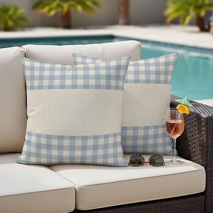 Retro Blue Outdoor Waterproof Pillow Covers, Farmhouse Buffalo Plaid Vintage Beige Decorative Square Throw Pillowcase Sofa Cushion Sham for Patio/Couch/Chair, 20"x20" 2 Pack