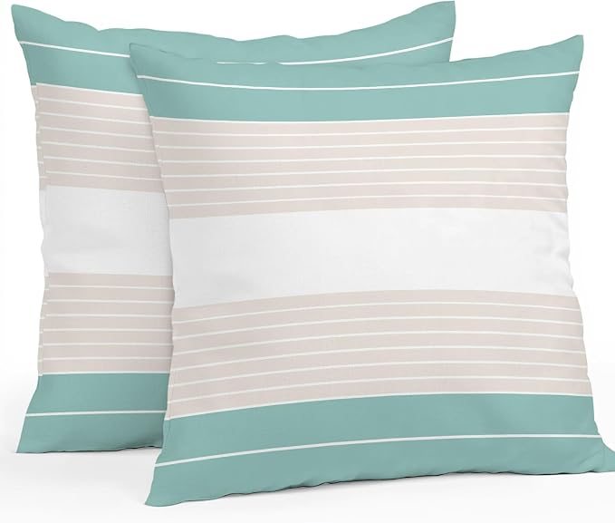 Turquoise Beige Stripe Outdoor Pillow Covers Waterproof, All Weather Cushion Case Set of 2, Modern Art Horizontal Striped Decorative Pillowcases for Sofa Couch Bed Decor Patio Furniture 16"x16"