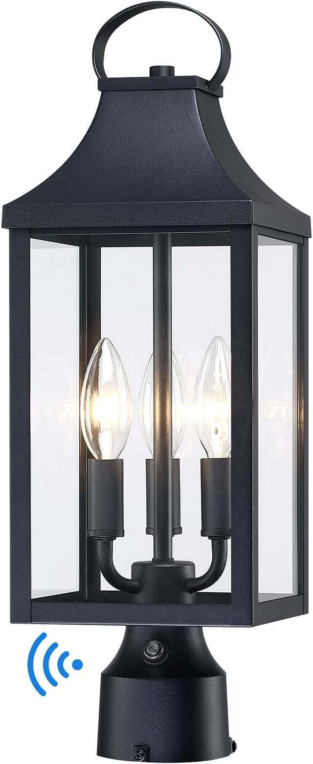 18.62'' Dusk to Dawn Post Light Outdoor, Large 3-Light Lamp Post Light | Modern Pillar Outside Lighting Waterproof Post Lantern Lamp Outdoor Post Light Fixtures Pole Lights for Porch, Black