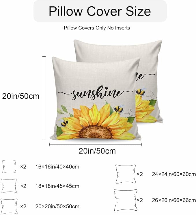 Vintage Yellow Sunflower Bee Outdoor Throw Pillow Covers Set of 2,Decorative Waterproof Pillowcase, Rustic Botanical on Linen Cushion Case for Patio Garden Couch Sofa Tent Bed 20x20 Inches