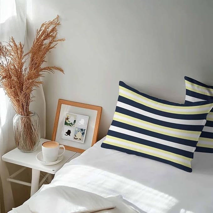 Yellow Navy Blue Striped Outdoor Pillow Covers Waterproof, All Weather Cushion Case Set of 2, Neutral Minimalist Lines Lumbar Pillowcase for Sofa Couch Bed Decor Patio Furniture 20"x12"