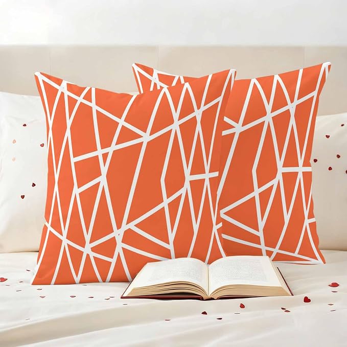Outdoor Pillow Covers Waterproof, Orange Geometric Decorative Square Throw Pillowcases Patio Cushion Covers for Tent/Garden, 24" x 24" 2 Pack, Abstract Stripes Modern Simple