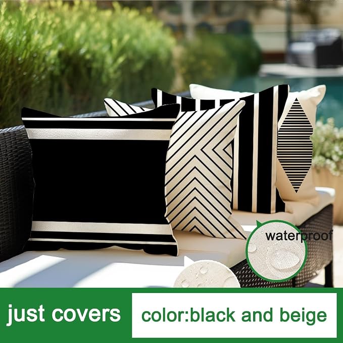 Outdoor Pillows Covers 20x20 Waterproof,Black and Beige Set of 4(No Insert) | for Covered Patio Furniture Couch Sunbrella,No Insert Just Covers,Durable Polyester,Fit 20x20 inch Inserts or Smaller,Boho
