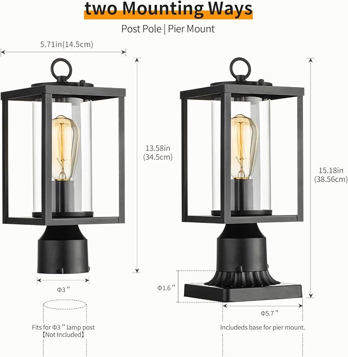 mirrea 14" Outdoor Post Light, Rectangular Pole Lamp for Outside, Lamp Post Light Fixture, Hardwired Outdoor Lighting for Yard, Deck, Cylinder Glass Shade, Matte Black, Pack of 1