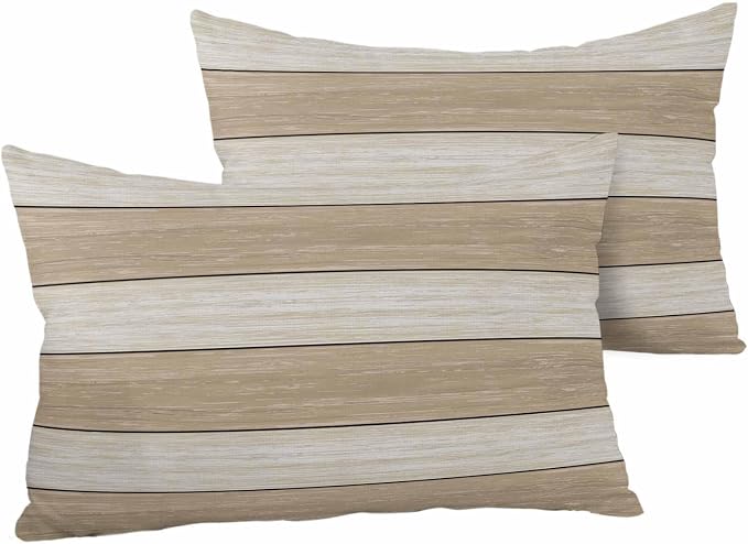 Vandarllin Outdoor Throw Pillow Covers 12X20 Set of 2 Waterproof Ivory White Beige Decorative Zippered Cushion Covers for Patio Furniture, Farmhouse Retro Rustic Barn Wood Texture Lumbar Pillowcases