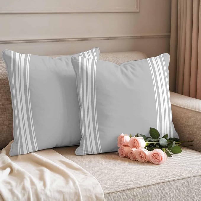 Outdoor Pillow Covers 18x18 Set of 2 Grey Stripes Outdoor Pillows Waterproof Throw Pillow Covers French Stripe Farmhouse Style Pillowcases Decorative Case for Patio Cushion