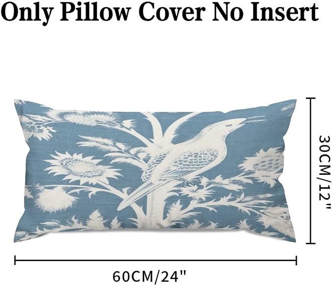 Zipped Pillow Cases for Home Decor Blue Turquoise and White Birds Plant Throw Pillow Cover Set of 2 Farmhouse Cushion Cover Cases for Living Room Club Home Decor 12x24in