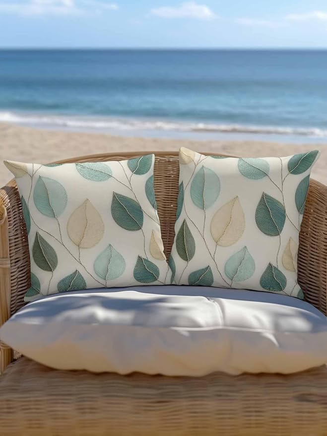 Outdoor Waterproof Throw Pillows Farmhouse Teal Green Leaf Patio Pillows Pack of 2,Decorative Pillow Covers with Insert,Pillow Cushion Case for Garden Couch Sofa Vintage Watercolor Leaves