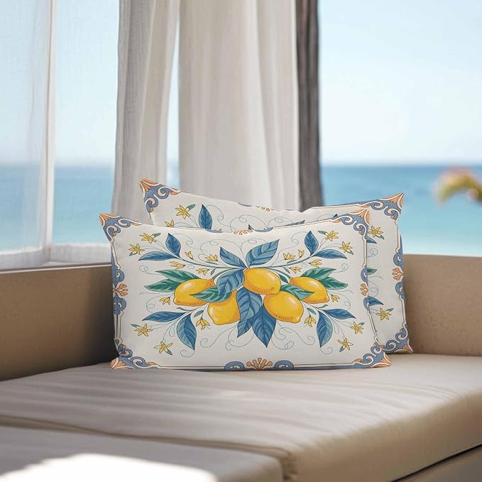 Lumbar Pillow Covers 20x12 Inch Set of 2, Yellow Blue Lemon Waterproof Outdoor Cushion Covers, Summer Botanical Farmhouse Decorative Pillowcases for Couch, Sofa, Bed, Garden, Patio