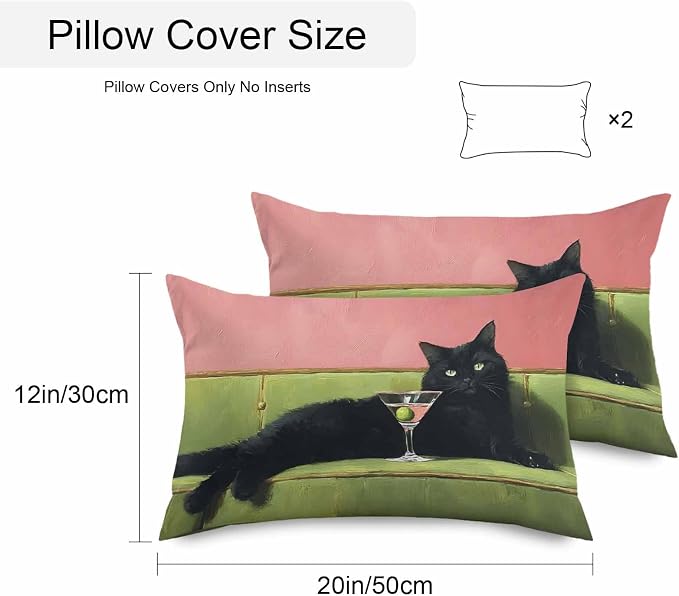 Funny Cat Outdoor Pillow Covers 20x12 Inch Lumbar Pillow Covers Set of 2 Waterproof Decorative Throw Pillow Cases Vintage Wine Animals Green Pink Cushion Covers for Patio Furniture Garden Couch