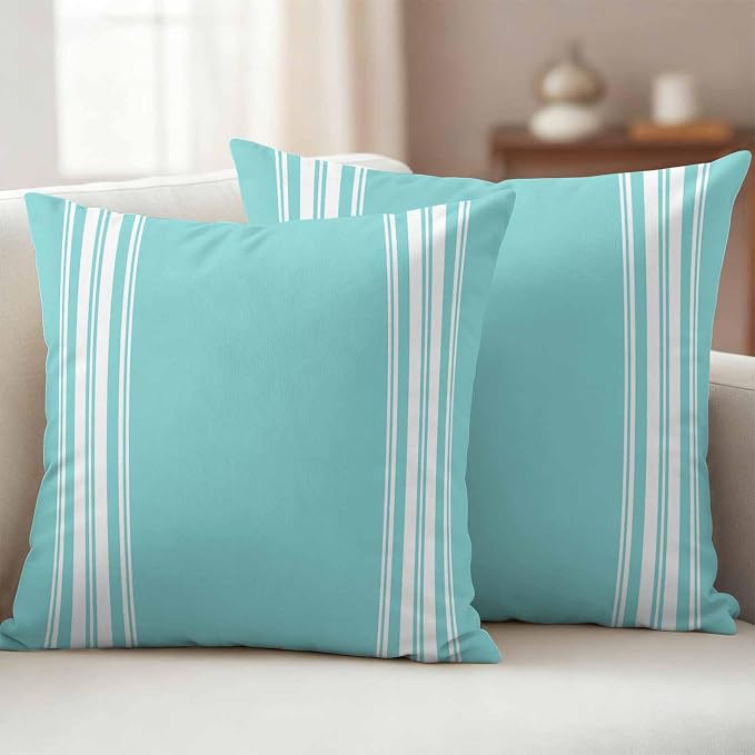 Outdoor Pillow Covers 16x16 Set of 2 Teal Stripes Outdoor Pillows Waterproof Throw Pillow Covers French Stripe Farmhouse Style Pillowcases Decorative Case for Patio Cushion