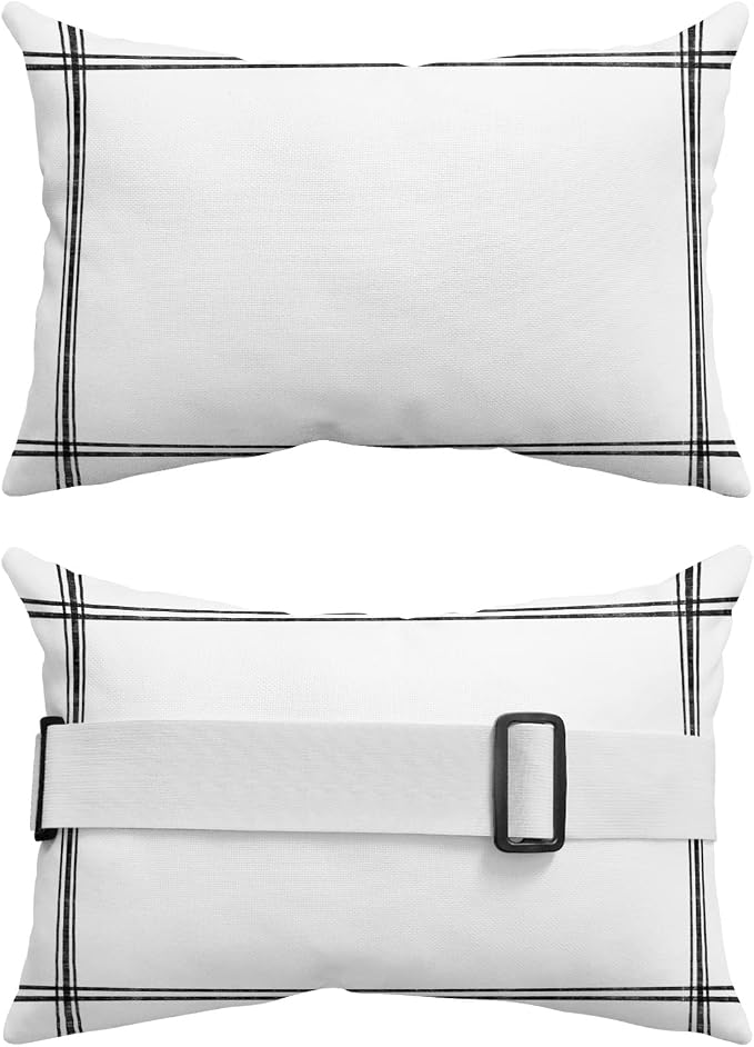 T&H XHome Outdoor Pillow for Chaise Lounge Chair, Solid Color White Waterproof Headrest Pillow Lumbar Pillows with Insert & Adjustable Elastic Strap for Beach, Poolside, Patio, Office (2 Pack)