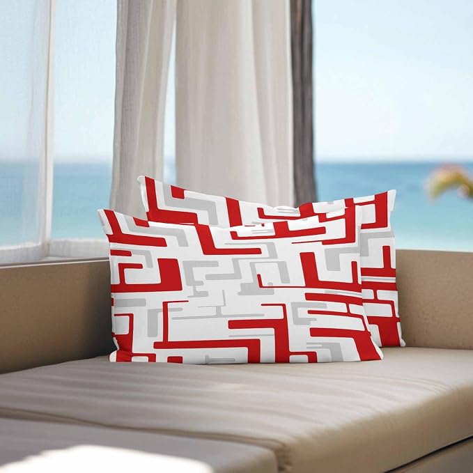 Vandarllin Outdoor Throw Pillows Covers 20x12 inch Set of 2 Waterproof Red Geometric Stripes Decorative Zippered Cushion Covers for Patio Furniture, Modern Abstract Lines Lumbar Pillowcases