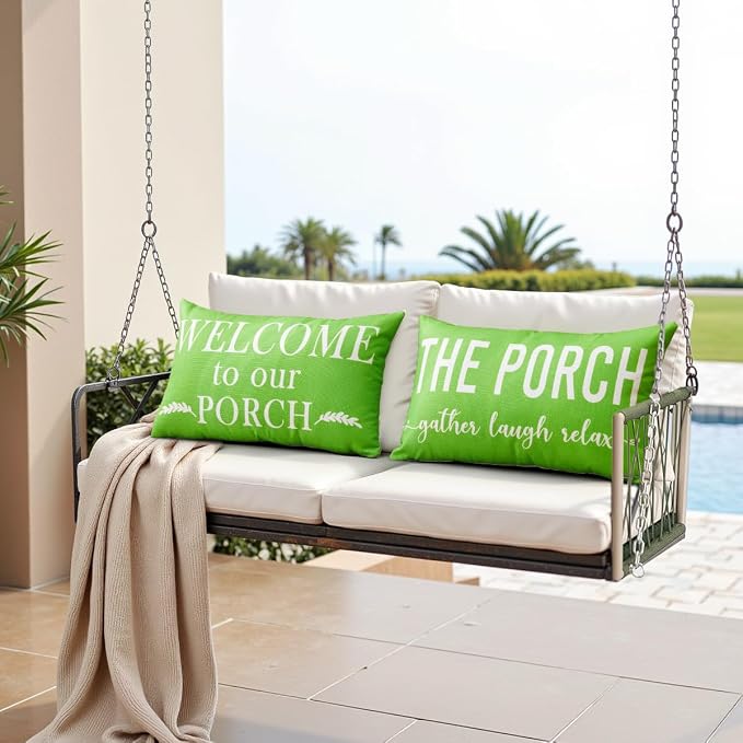 Porch Decor Green Outdoor Lumbar Pillow Covers Waterproof 12x20 for Patio | Set of 2, Patio Decor, Porch Pillows, Outdoor Pillows Waterproof, Outdoor Pillows for Patio Furniture, Weather Resistant