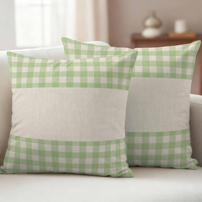 Retro Green Outdoor Waterproof Pillow Covers, Farmhouse Buffalo Plaid Vintage Beige Decorative Square Throw Pillowcase Sofa Cushion Sham for Patio/Couch/Chair, 26"x26" 2 Pack