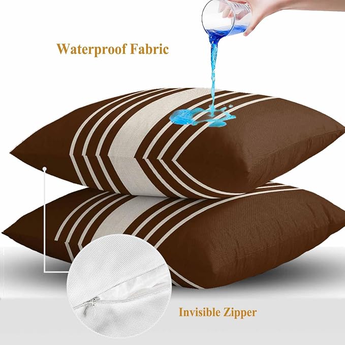 Throw Pillow Covers 26x26 Inch Set of 2, Brown Beige Striped Waterproof Outdoor Cushion Covers, Modern Farmhouse Retro Lines Decorative Pillowcases for Couch, Sofa, Bed, Garden, Patio