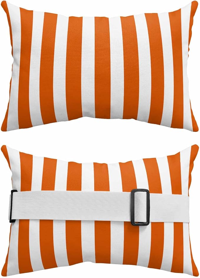 DecorLovee Burnt Orange Striped Outdoor Recliner Pillows for Head, Thanksgiving Waterproof Chair Pillow with Elastic Stripe, Farmhouse Orange Stripes Chaise Lounge Pillow for Patio/Pool 1Pack, 11"x16"