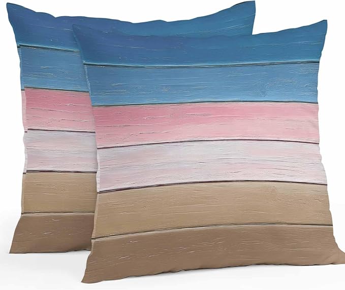 Pink Blue Brown Outdoor Pillow Covers 18x18 Inch Throw Pillow Covers Set of 2 Waterproof Decorative Pillow Cases Farmhouse Gradient Wooden Plank Art Cushion Covers for Patio Furniture Garden Couch