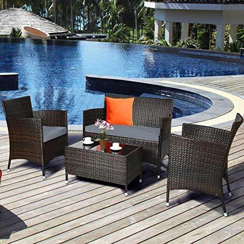 HAPPYGRILL 4 Pieces Patio Sofa Set Rattan Wicker Furniture Patio Conversation Set with Cushioned Sofa and Coffee Table for Outdoor Backyard Garden Poolside