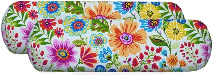 RSH Décor Set of 2 Neck Roll Pillows | 24” x 8” | Outdoor Floral Bolster Pillow for Patio, Porch, Beachhouse, or Poolside Furniture | Water & Fade-Resistant| Gregoire Fresco | Garden Flower