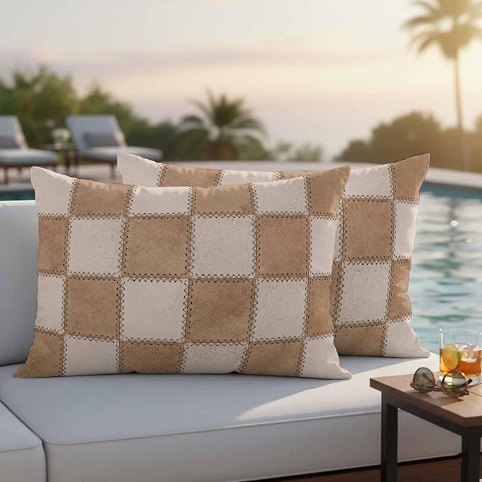 Brown Beige Checkered Outdoor Pillow Covers 20x12 Inch Lumbar Pillow Covers Set of 2 Waterproof Decorative Throw Pillow Cases Modern Farmhouse Plaid Burlap Cushion Covers for Patio Furniture Garden