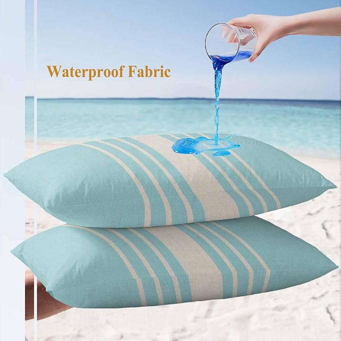 Lumbar Pillow Covers 20x12 Inch Set of 2, Aqua Beige Striped Waterproof Outdoor Cushion Covers, Modern Farmhouse Retro Lines Decorative Pillowcases for Couch, Sofa, Bed, Garden, Patio