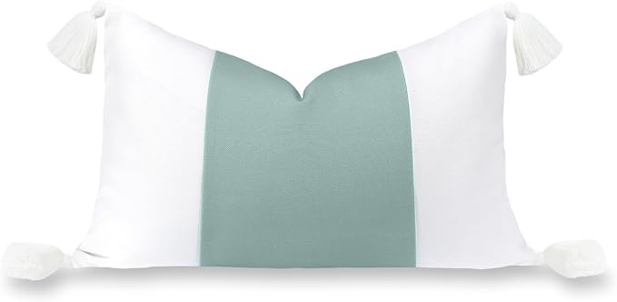 Hofdeco Premium Coastal Grandmillennial Patio Indoor Outdoor Lumbar Pillow Cover Only, 12"x20" Water Repellent for Backyard, Couch, Poolside, Celadon Green Print Color Block