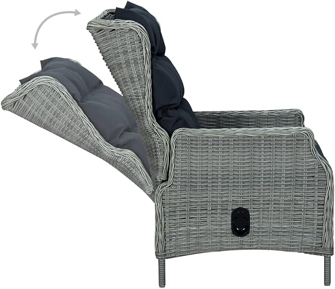 9 Piece Patio Dining Set with Cushions Poly Rattan Light Gray Outdoor Reclining Chairs PE Wicker Table Tempered Glass Garden Furniture