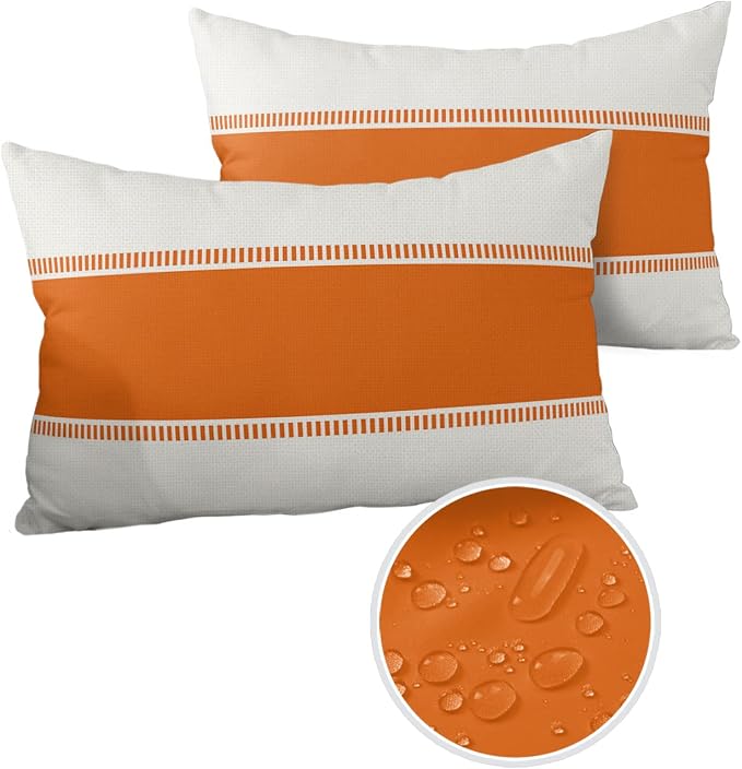 Outdoor Waterproof Throw Pillow Covers 20 x 12 Inches Set of 2 Orange White Stripes Minimalist Simple Pattern Decorative Cushion Cover Pillowcase for Garden Patio Tent Beach Livingroom Sofa Couch