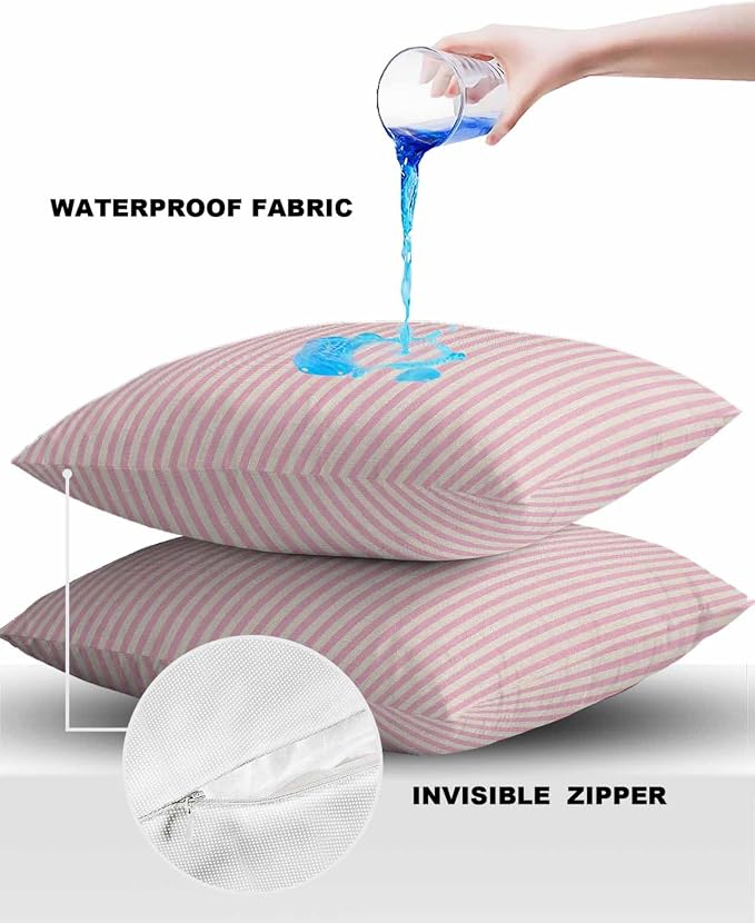 Outdoor Waterproof Throw Pillow Covers Set of 2 Pink Stripes Pillowcases 24x24 Inches Linen Classic Vertical Striped Patio Decorative Pillows Cushion Case Patio Pillows for Couch Bed Chair Garden