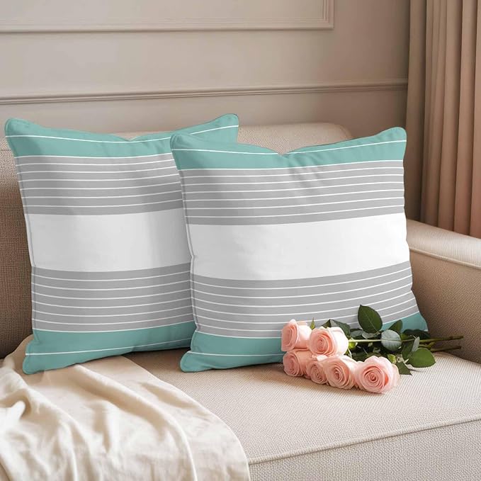 Turquoise Grey Stripe Outdoor Pillow Covers Set of 2 Gradient Line Waterproof Throw Pillow Cover Decorative Cushion Cases for Patio Porch Garden 18X18 Inch
